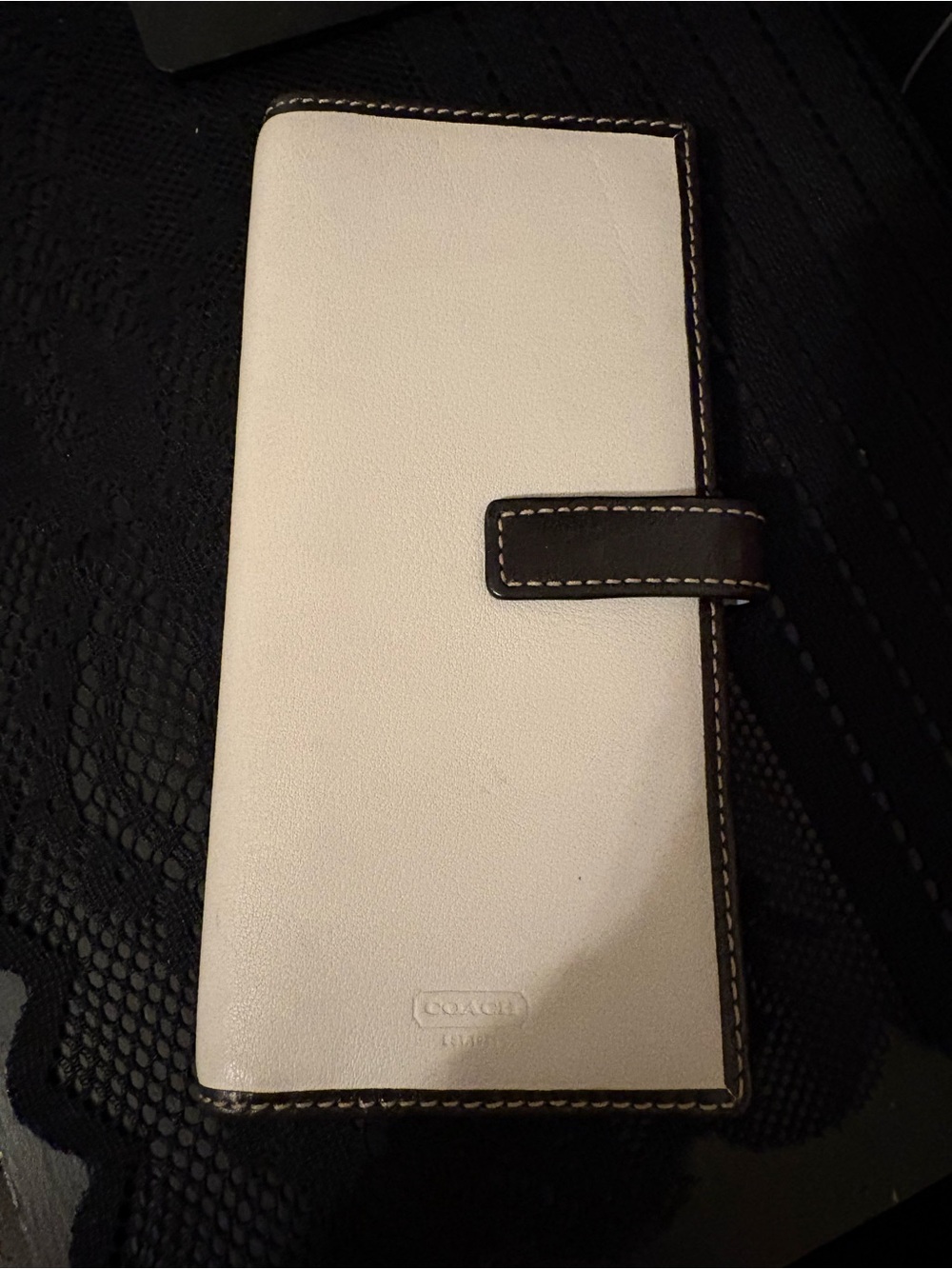 Coach White/Brown Fold Wallet w/ Logo, Tab Closure, Card Slots & ID Window